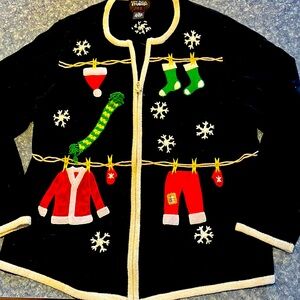 Designers original -beautiful black Christmas sweater-XL.  Santa's suit hanging
